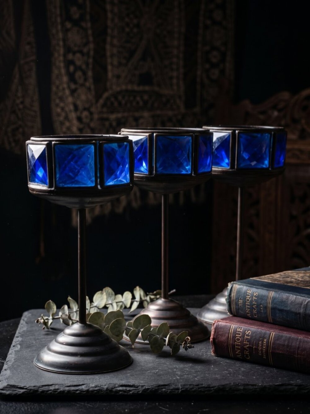 Vintage Set of 3 Long Stem Copper Metal Blue Tealight Candle Holders Home Decor